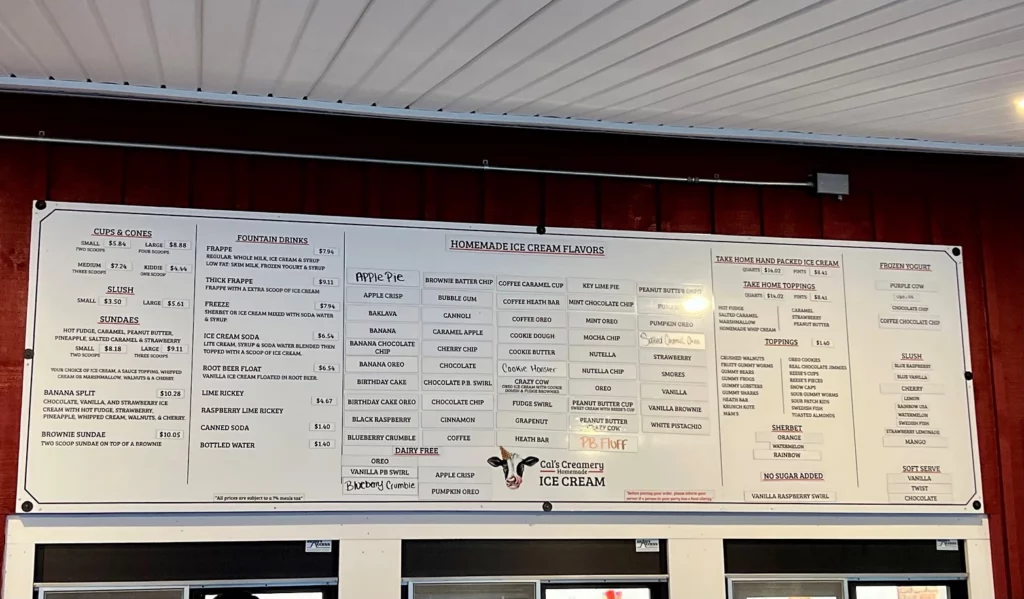 Cal’s Creamery Menu Reading MA