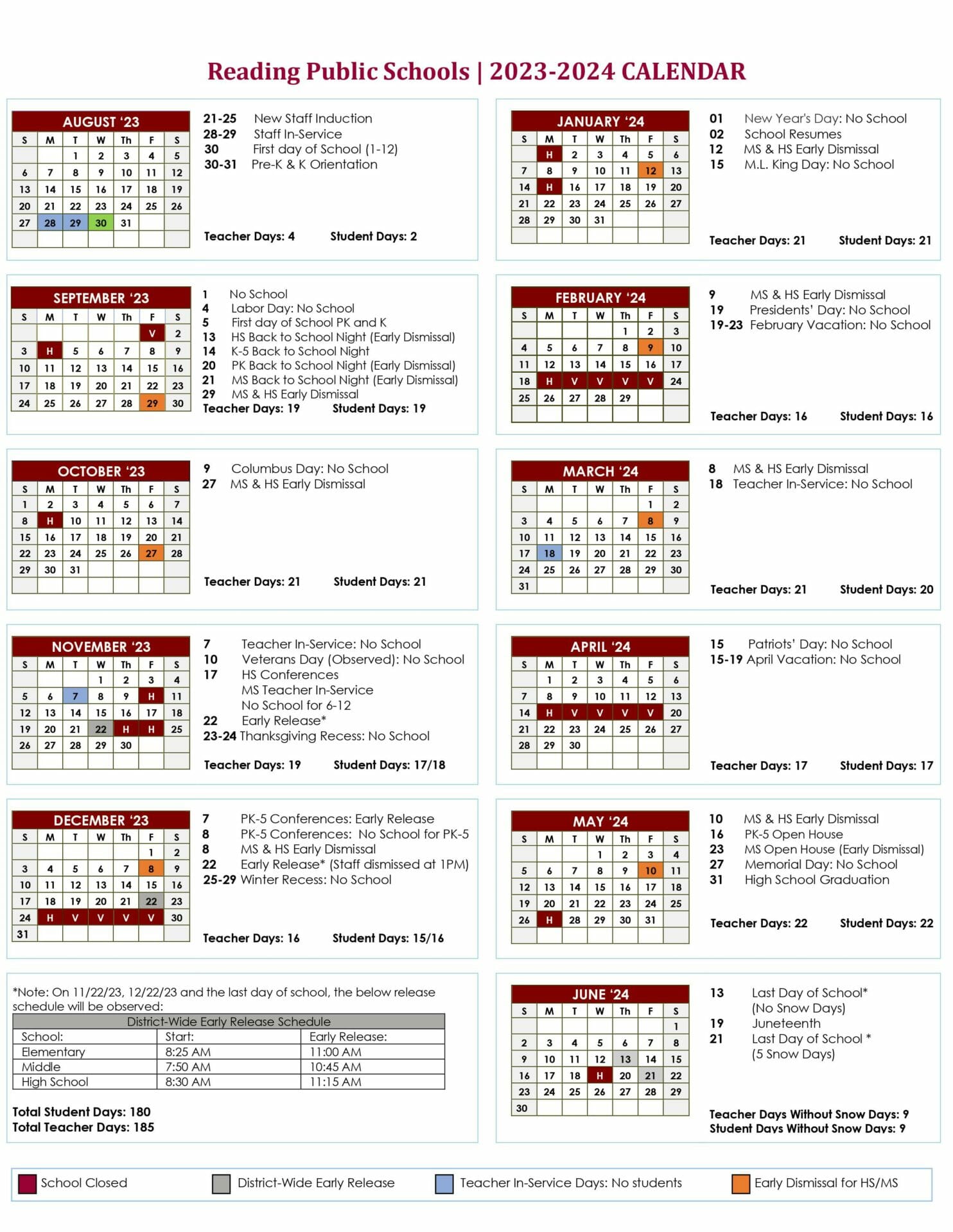 Recapping Everything in Reading, MA 2023 2024 RPS District Calendar