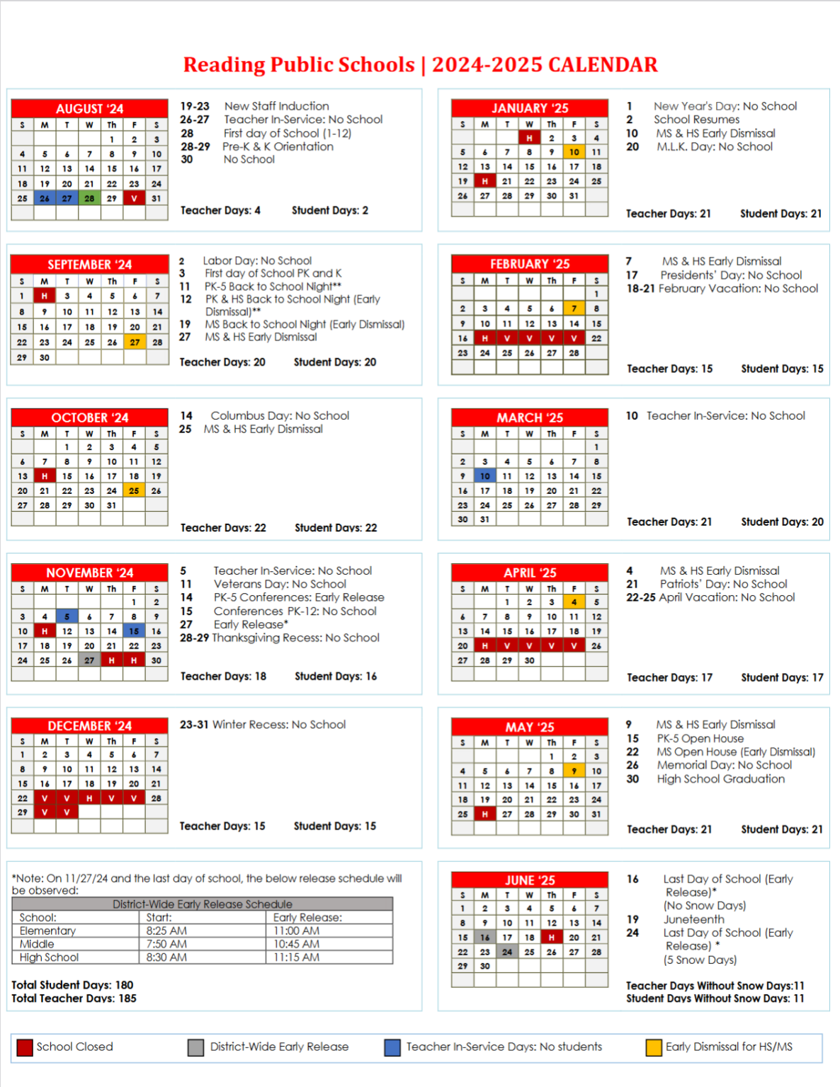 Recapping Everything in Reading, MA 2024 2025 RPS District Calendar