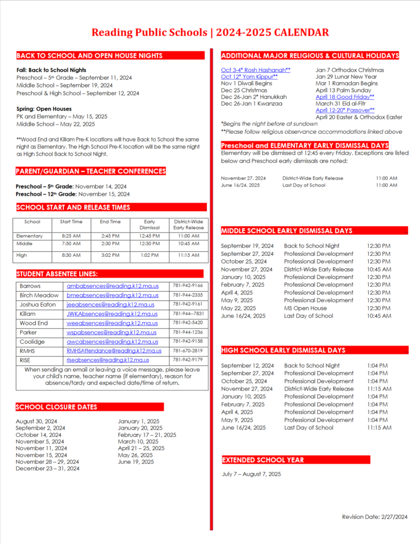 Recapping Everything in Reading, MA 2024 2025 RPS District Calendar